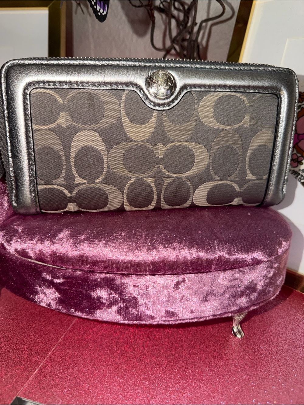 Coach Penelope Signature Gray Signature Canvas Wallet with Metallic Trim